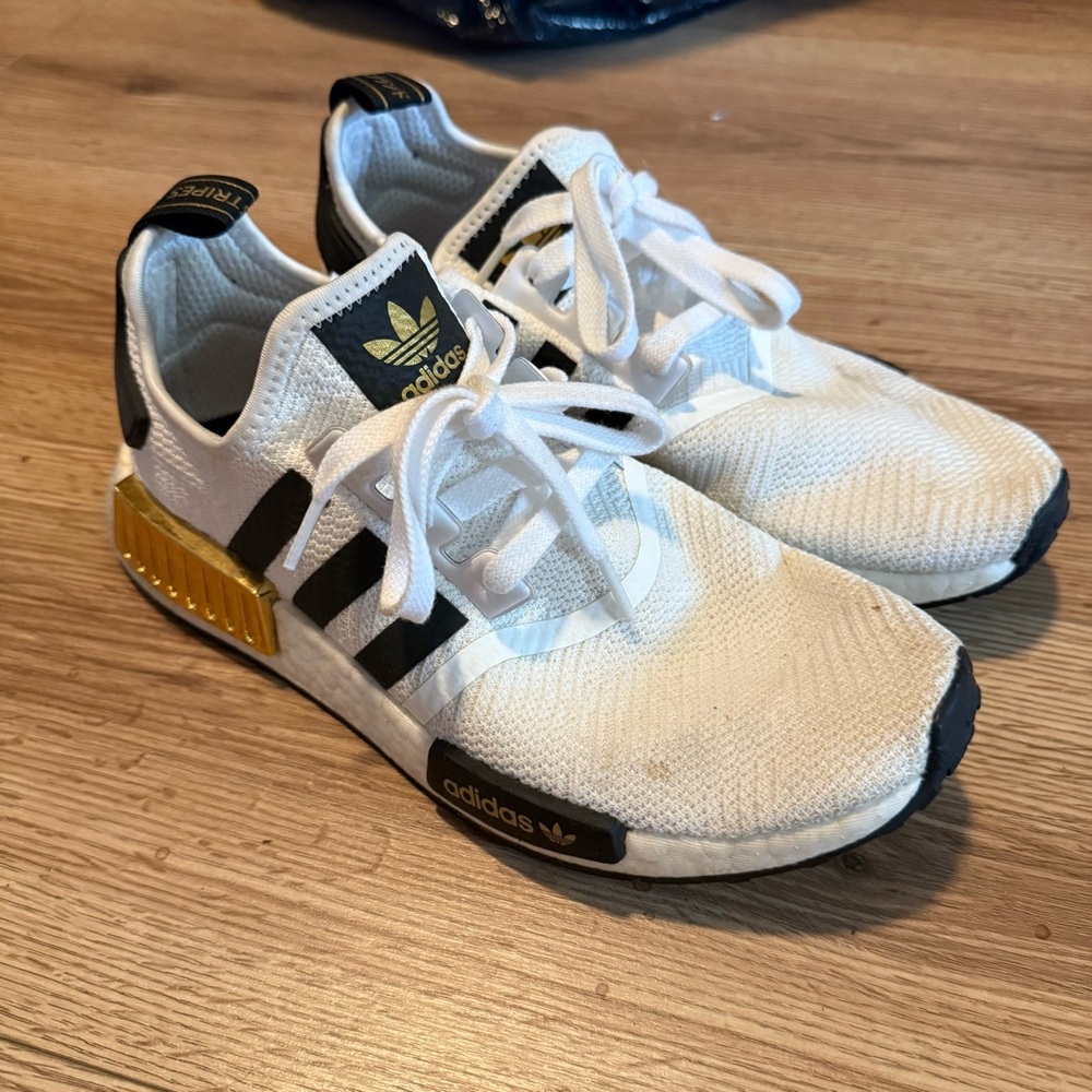 Adidas White Sneakers with Black and Gold Details